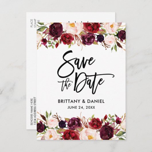 Bourgogne Floral Modern Brush Script Bewaar de dat Aankondigingskaart (Voorkant / Achterkant)