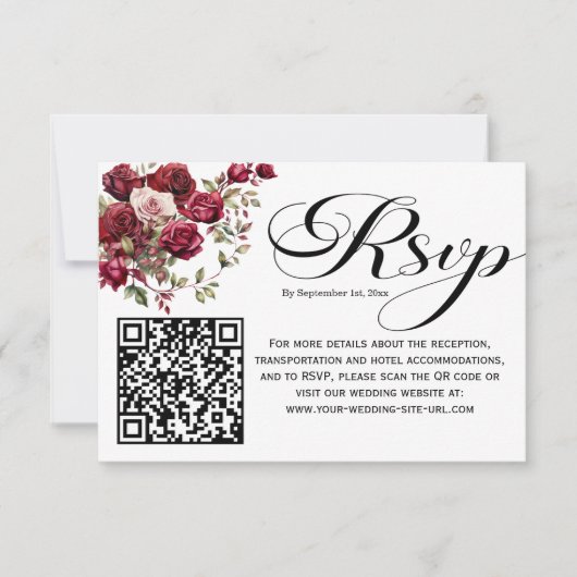 Bourgogne Floral Modern Script QR Code RSVP Card (Voorkant)