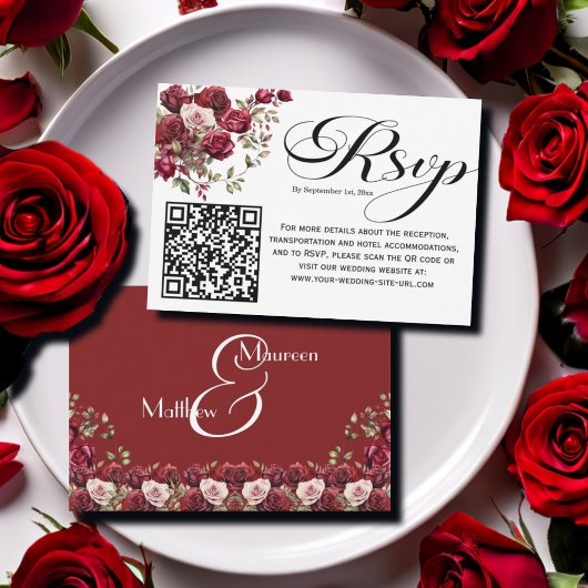 Bourgogne Floral Modern Script QR Code RSVP Card Kaartje
