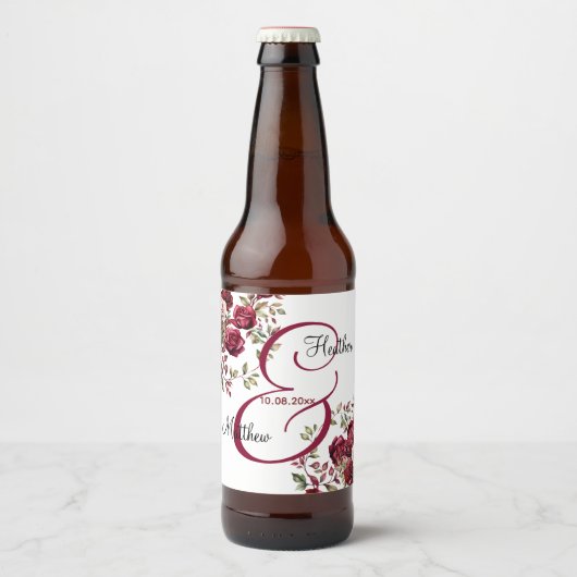Bourgogne Floral Modern Script Wedding Bier Etiket (Voorkant)