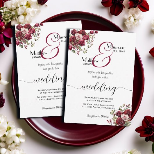 Bourgogne Floral Modern Script Wedding Kaart
