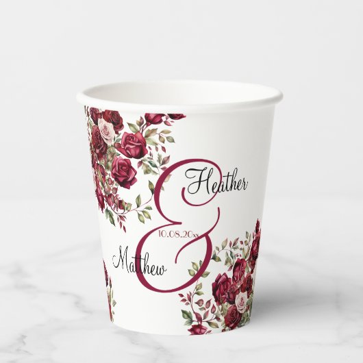 Bourgogne Floral Modern Script Wedding Papieren Bekers (Voorkant)