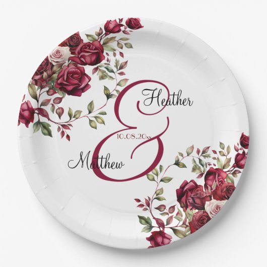 Bourgogne Floral Modern Script Wedding Papieren Bordje (Voorkant)