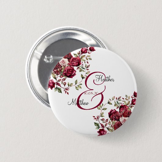 Bourgogne Floral Modern Script Wedding Ronde Button 5,7 Cm (Voorkant /achterkant)