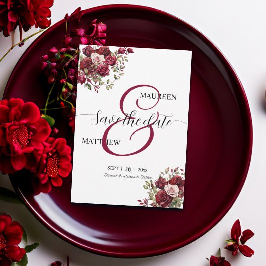 Bourgogne Floral Modern Script Wedding Save The Date