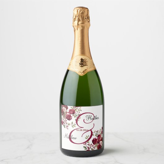Bourgogne Floral Modern Script Wedding Sparkling Wijnetiket (Voorkant)