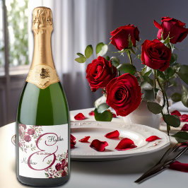 Bourgogne Floral Modern Script Wedding Sparkling Wijnetiket