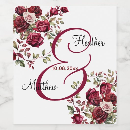 Bourgogne Floral Modern Script Wedding Wijn Etiket (Enkel label)