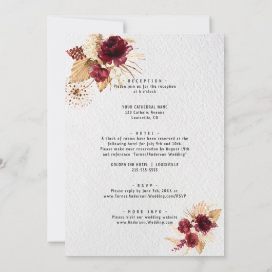 Bourgogne Floral pampas grass all in one Wedding Kaart (Achterkant)