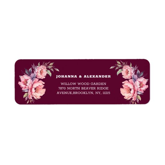 Bourgogne Floral Pioen Bruiloft Retouradres Label (Voorkant)