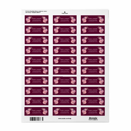 Bourgogne Floral Pioen Bruiloft Retouradres Label (Full Sheet)