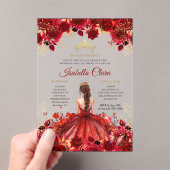 Bourgogne Floral Princess Gold Quinceanera Acryl Uitnodigingen (Insitu (Draagbaar))