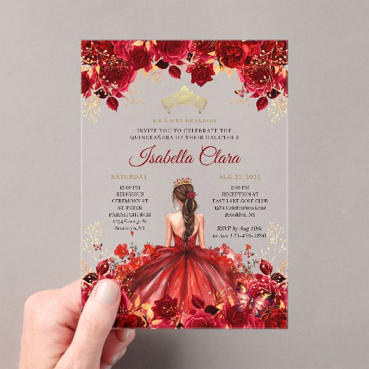 Bourgogne Floral Princess Gold Quinceanera Acryl Uitnodigingen (Insitu (Draagbaar))