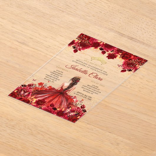 Bourgogne Floral Princess Gold Quinceanera Acryl Uitnodigingen (Laagn)