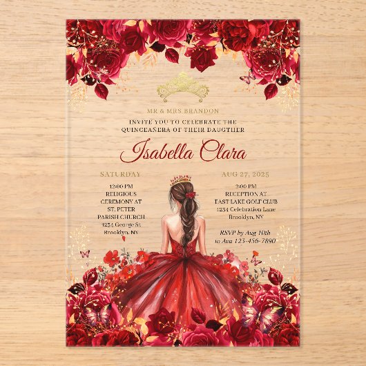 Bourgogne Floral Princess Gold Quinceanera Acryl Uitnodigingen (Voorkant)