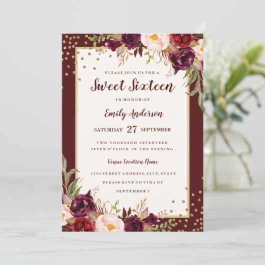 Bourgogne Floral Sparkle Sweet Sixteen Uitnodigen Kaart (Staand voorkant)