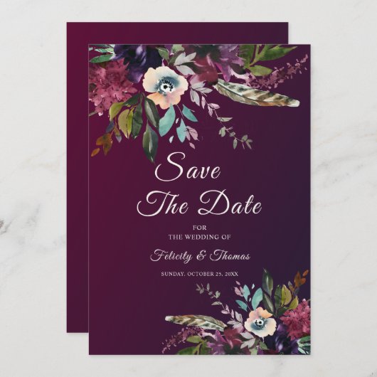 Bourgogne Floral Splendor Bewaar de datum Kaart (Voorkant / Achterkant)