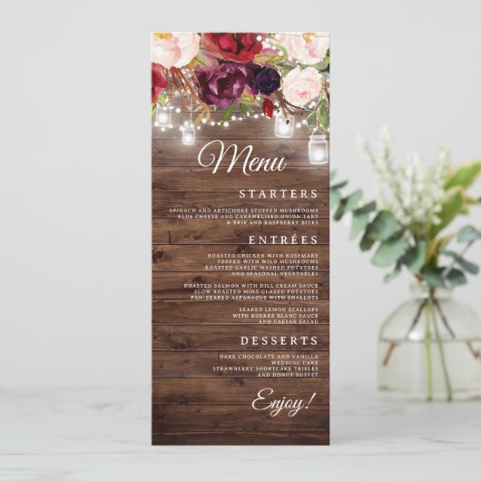 Bourgogne Floral String Lights Trouwdiner Menu (Staand voorkant)