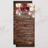 Bourgogne Floral String Lights Trouwdiner Menu (Voorkant / Achterkant)