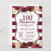 Bourgogne Floral Surprise 100ste verjaardagsfeest Kaart (Voorkant)
