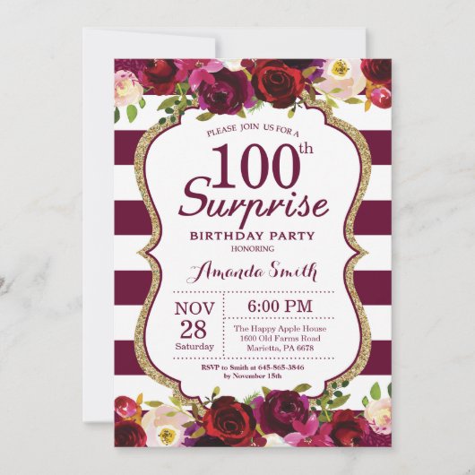Bourgogne Floral Surprise 100ste verjaardagsfeest Kaart (Voorkant)