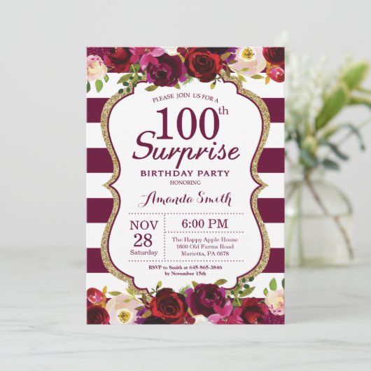 Bourgogne Floral Surprise 100ste verjaardagsfeest Kaart (Staand voorkant)