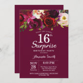 Bourgogne Floral Surprise 16e verjaardagsfeest Kaart (Voorkant / Achterkant)