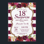 Bourgogne Floral Surprise 18e verjaardagsfeest Kaart<br><div class="desc">Bourgogne Floral Surprise 18e verjaardagsfeest uitnodiging voor vrouwen. Bourgondië Rood en Goud Verjaardagsfeest Uitnodigen. Gouden Glitter. Bourgogne Waterverf Bloemenbloem. Bourgondië en witte strepen. 13e 15e 16e 18e 20e 21e 30e 40e 50e 60e 70e 80e 90e 100e, Alle leeftijden. Printbaar digitaal. Voor verdere aanpassing klikt u op de knop "Aanpassen" en...</div>