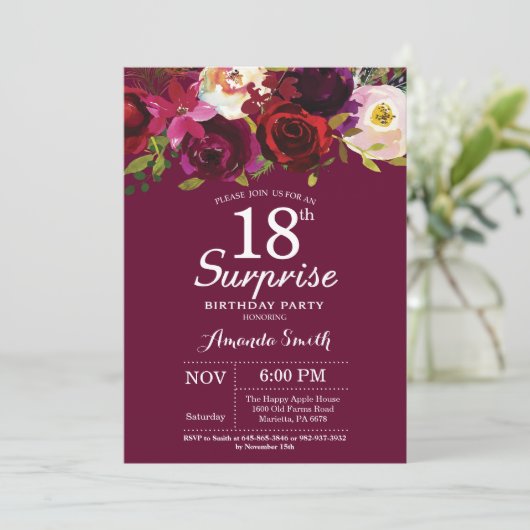 Bourgogne Floral Surprise 18e verjaardagsfeest Kaart (Staand voorkant)