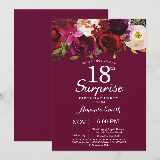 Bourgogne Floral Surprise 18e verjaardagsfeest Kaart (Voorkant / Achterkant)