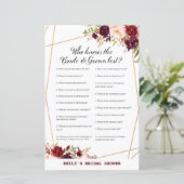 Bourgogne Floral Vrijgezellenfeest Game, bruiloft (Staand voorkant)