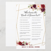 Bourgogne Floral Vrijgezellenfeest Game, bruiloft (Voorkant / Achterkant)