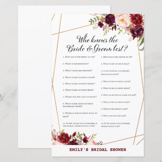 Bourgogne Floral Vrijgezellenfeest Game, bruiloft (Voorkant / Achterkant)