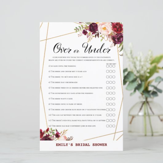 Bourgogne Floral Vrijgezellenfeest Game, bruiloft (Staand voorkant)