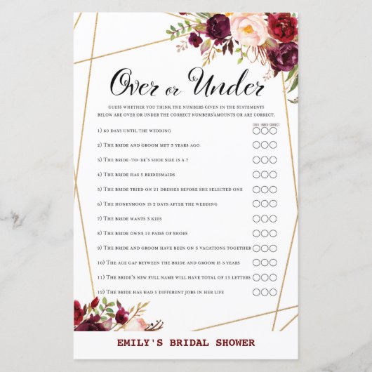 Bourgogne Floral Vrijgezellenfeest Game, bruiloft (Voorkant)