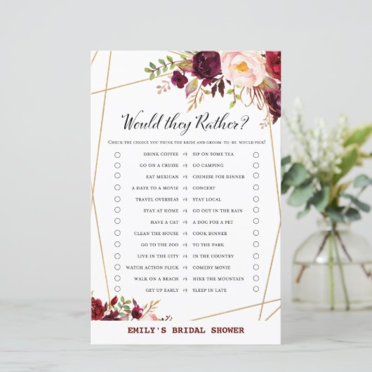 Bourgogne Floral Vrijgezellenfeest Game, bruiloft (Staand voorkant)