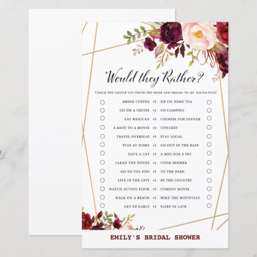 Bourgogne Floral Vrijgezellenfeest Game, bruiloft (Voorkant / Achterkant)