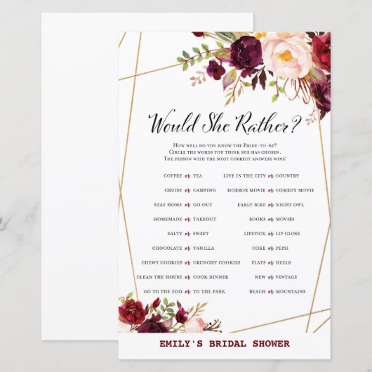 Bourgogne Floral Vrijgezellenfeest Game, bruiloft (Voorkant / Achterkant)