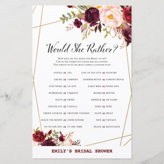 Bourgogne Floral Vrijgezellenfeest Game, bruiloft (Voorkant)