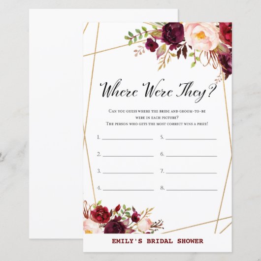 Bourgogne Floral Vrijgezellenfeest Game, bruiloft (Voorkant / Achterkant)