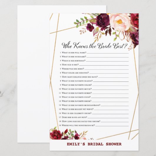 Bourgogne Floral Vrijgezellenfeest Game, bruiloft (Voorkant / Achterkant)