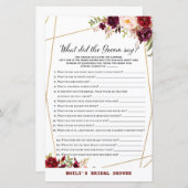 Bourgogne Floral Vrijgezellenfeest Game, bruiloft (Voorkant / Achterkant)