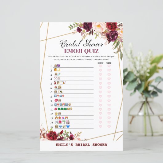 Bourgogne Floral Vrijgezellenfeest Game, bruiloft (Staand voorkant)