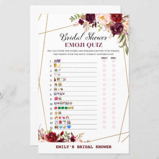 Bourgogne Floral Vrijgezellenfeest Game, bruiloft (Voorkant / Achterkant)