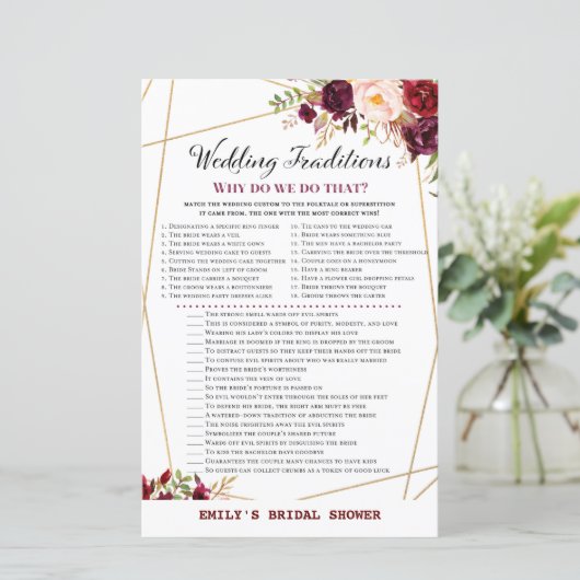 Bourgogne Floral Vrijgezellenfeest Game, bruiloft (Staand voorkant)