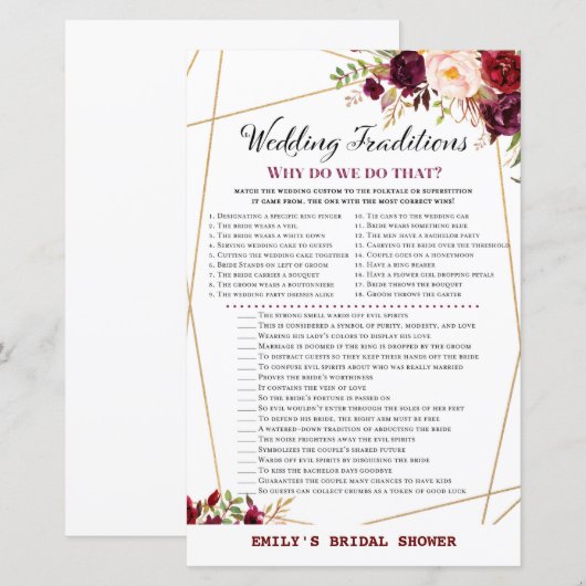 Bourgogne Floral Vrijgezellenfeest Game, bruiloft (Voorkant / Achterkant)