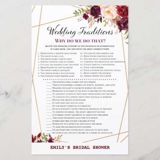 Bourgogne Floral Vrijgezellenfeest Game, bruiloft (Voorkant)