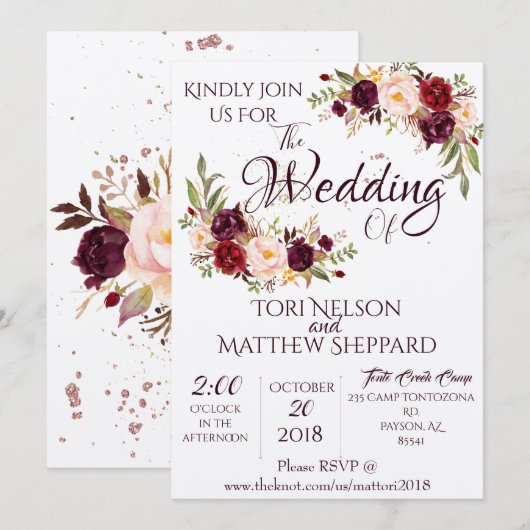 Bourgogne Floral Water Paint -Simple Lines-splashe Kaart (Voorkant / Achterkant)