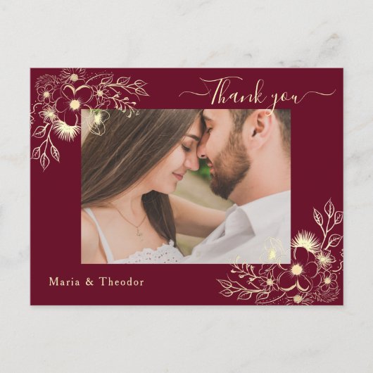 Bourgogne Floral Wedding Bedankt Fotokaart Briefkaart (Voorkant)
