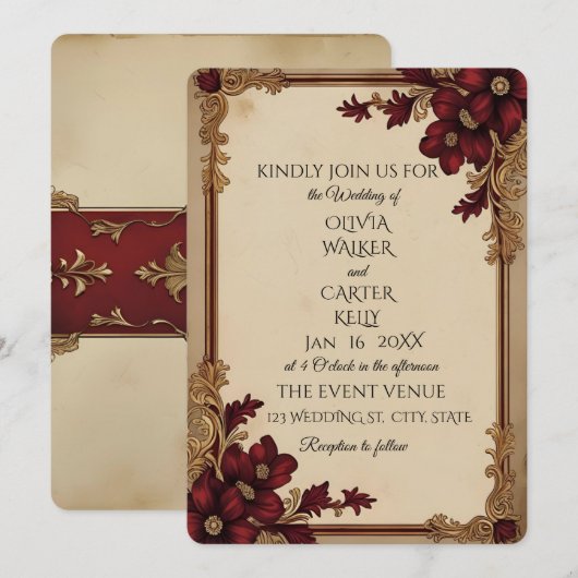  Bourgogne Floral Wedding Kaart (Voorkant / Achterkant)